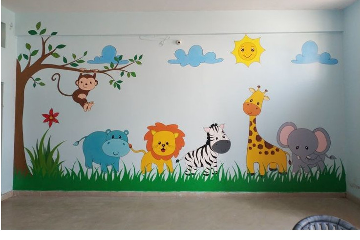 ColourDrive-ColourDrive Tree With Animals 1 House Wall Free Hand Art Design Painting  for Kids Room,Kids Play School,Kids Play Area